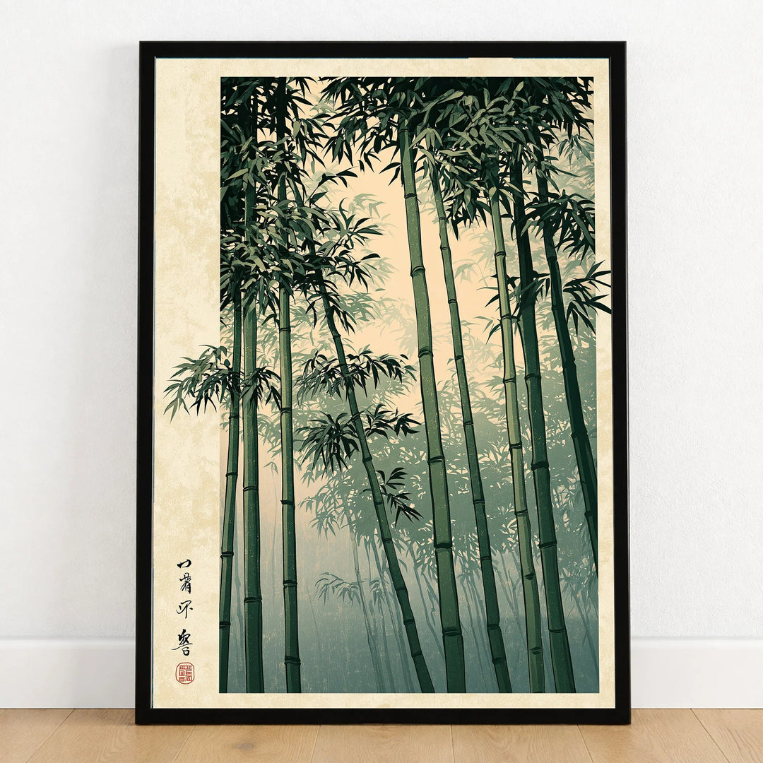 Japanese Bamboo Art Print – Vintage Japanese Forest Wall Art — art print in black frame on wooden floor