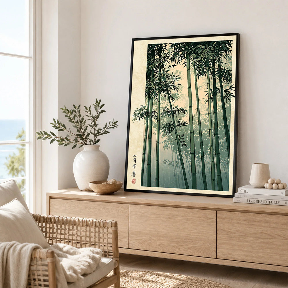 Japanese Bamboo Art Print – Vintage Japanese Forest Wall Art — framed artwork living room lifestyle setting