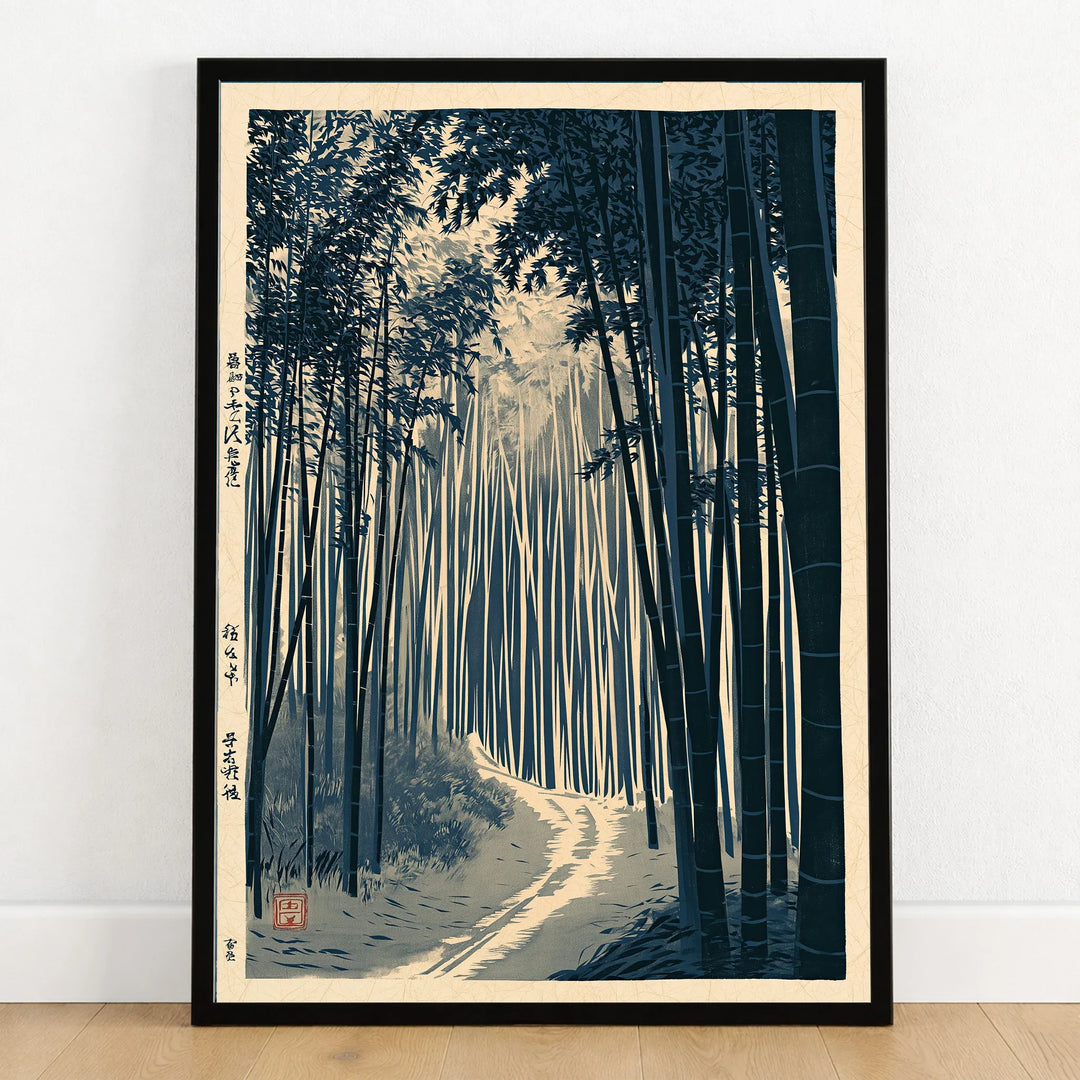 Japanese Bamboo Forest Print – Vintage Japan Landscape Art — art print in black frame on wooden floor