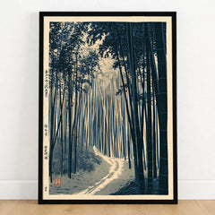 Japanese Bamboo Forest Print – Vintage Japan Landscape Art — art print in black frame on wooden floor