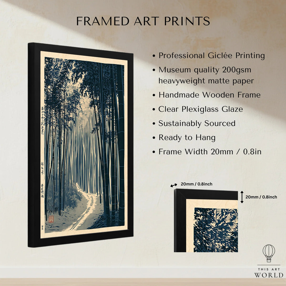 Japanese Bamboo Forest Print – Vintage Japan Landscape Art — framed print details measurements quality details