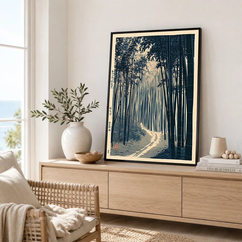 Japanese Bamboo Forest Print – Vintage Japan Landscape Art — framed artwork living room lifestyle setting
