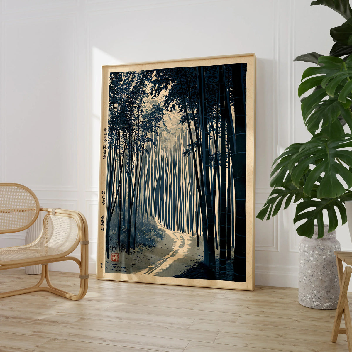 Japanese Bamboo Forest Print – Vintage Japan Landscape Art — large framed print room setting chair plant