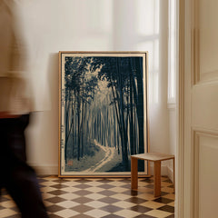 Japanese Bamboo Forest Print – Vintage Japan Landscape Art — framed canvas on floor man walking past