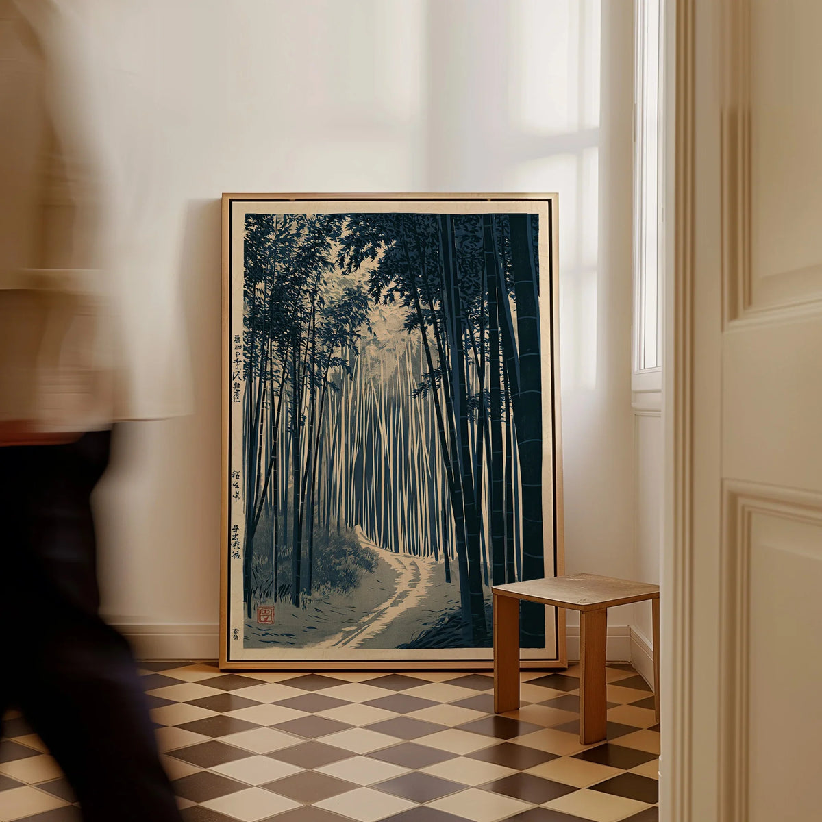 Japanese Bamboo Forest Print – Vintage Japan Landscape Art — framed canvas on floor man walking past