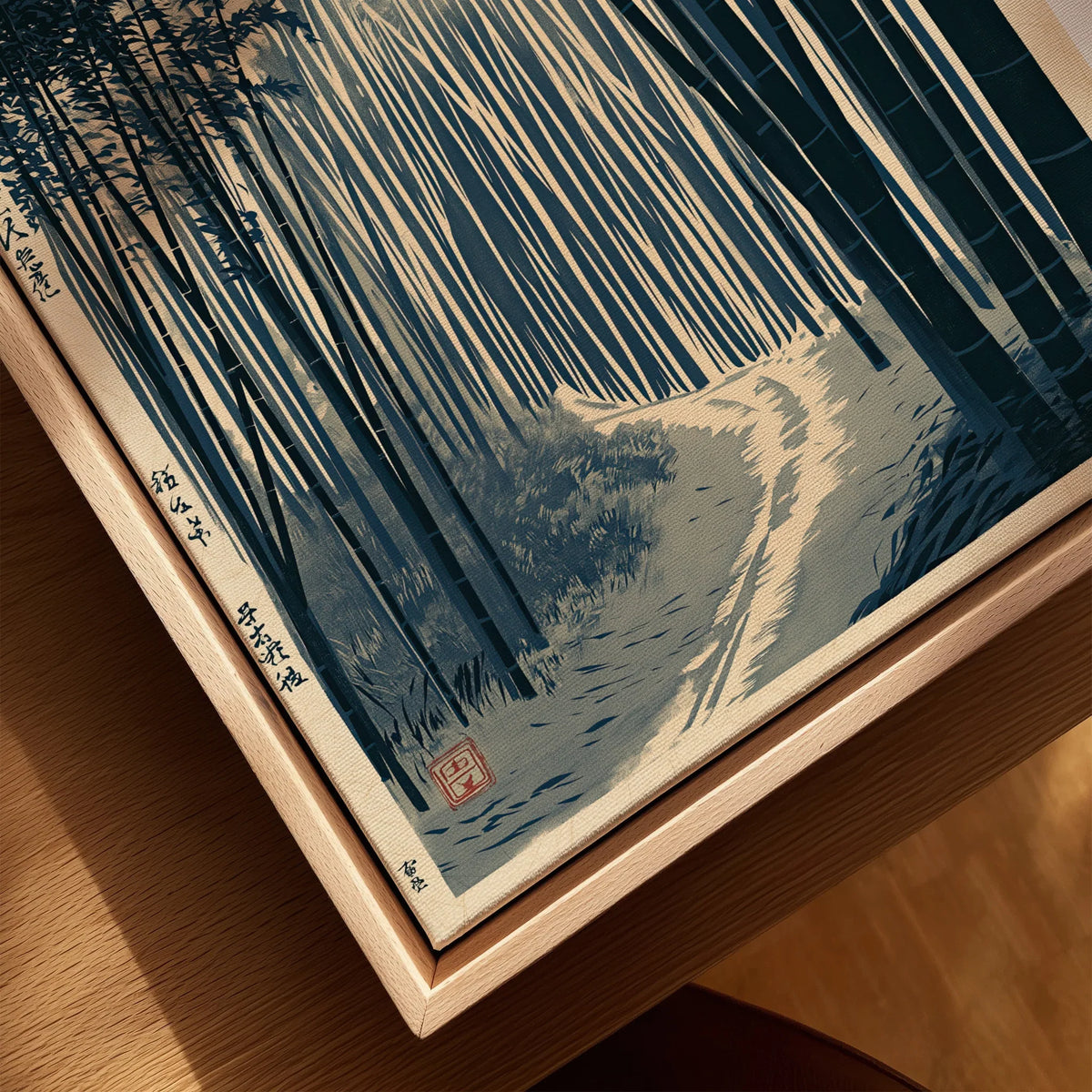 Japanese Bamboo Forest Print – Vintage Japan Landscape Art — closeup framed canvas natural wood floating frame