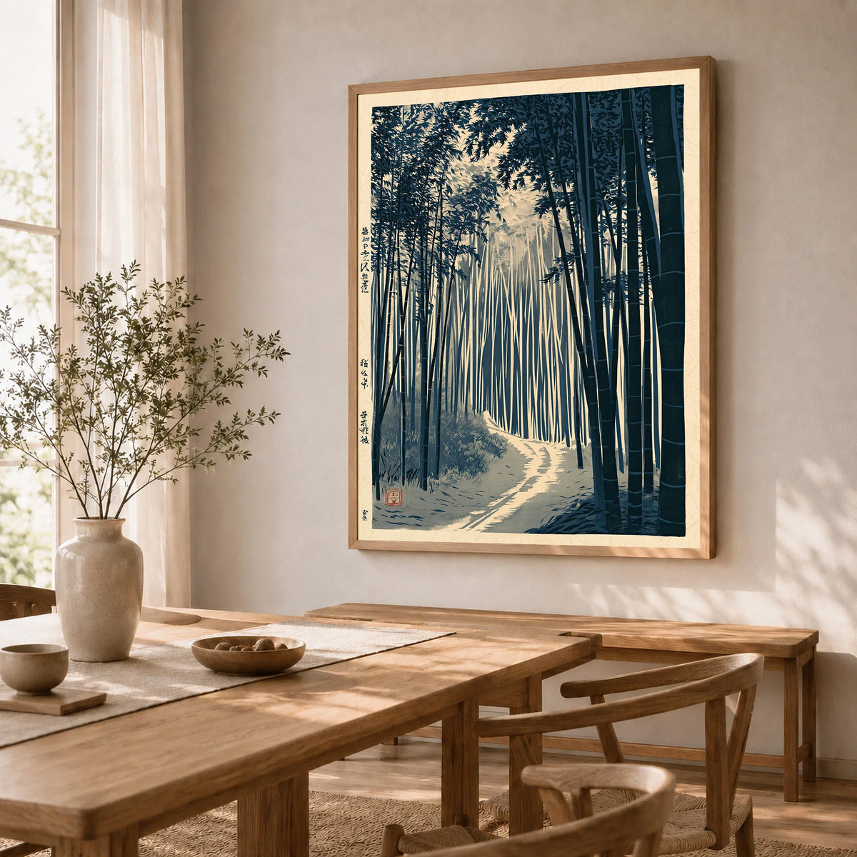 Japanese Bamboo Forest Print – Vintage Japan Landscape Art — dining room framed print natural wood frame