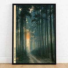 Japanese Forest Art Print – Bamboo Woodland Wall Art — art print in black frame on wooden floor