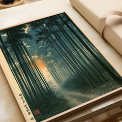 Japanese Forest Art Print – Bamboo Woodland Wall Art — framed art print closeup gift unwrapped natural frame