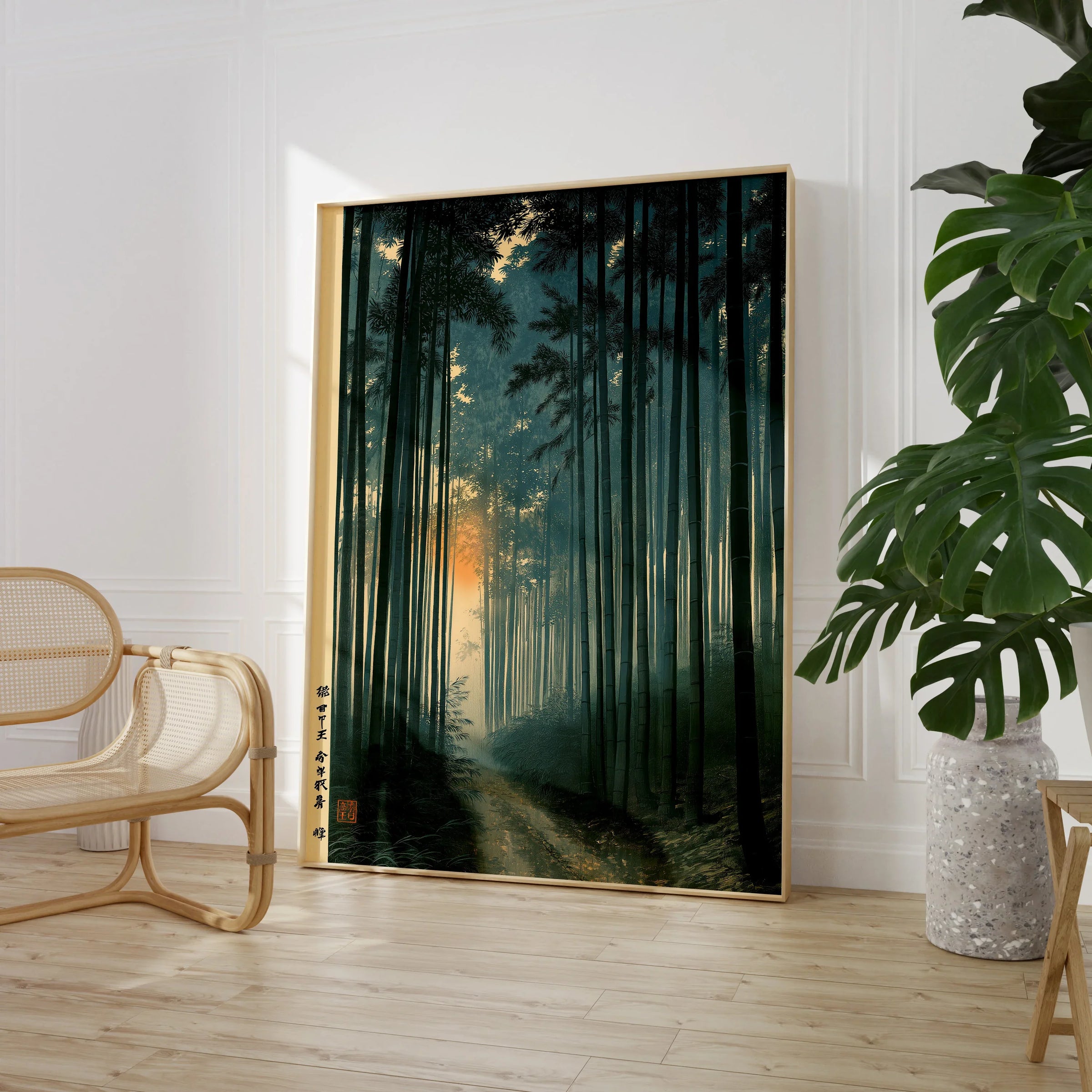Japanese Forest Art Print – Bamboo Woodland Wall Art — large framed print room setting chair plant