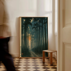 Japanese Forest Art Print – Bamboo Woodland Wall Art — framed canvas on floor man walking past