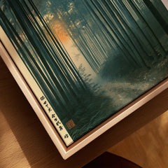Japanese Forest Art Print – Bamboo Woodland Wall Art — closeup framed canvas natural wood floating frame