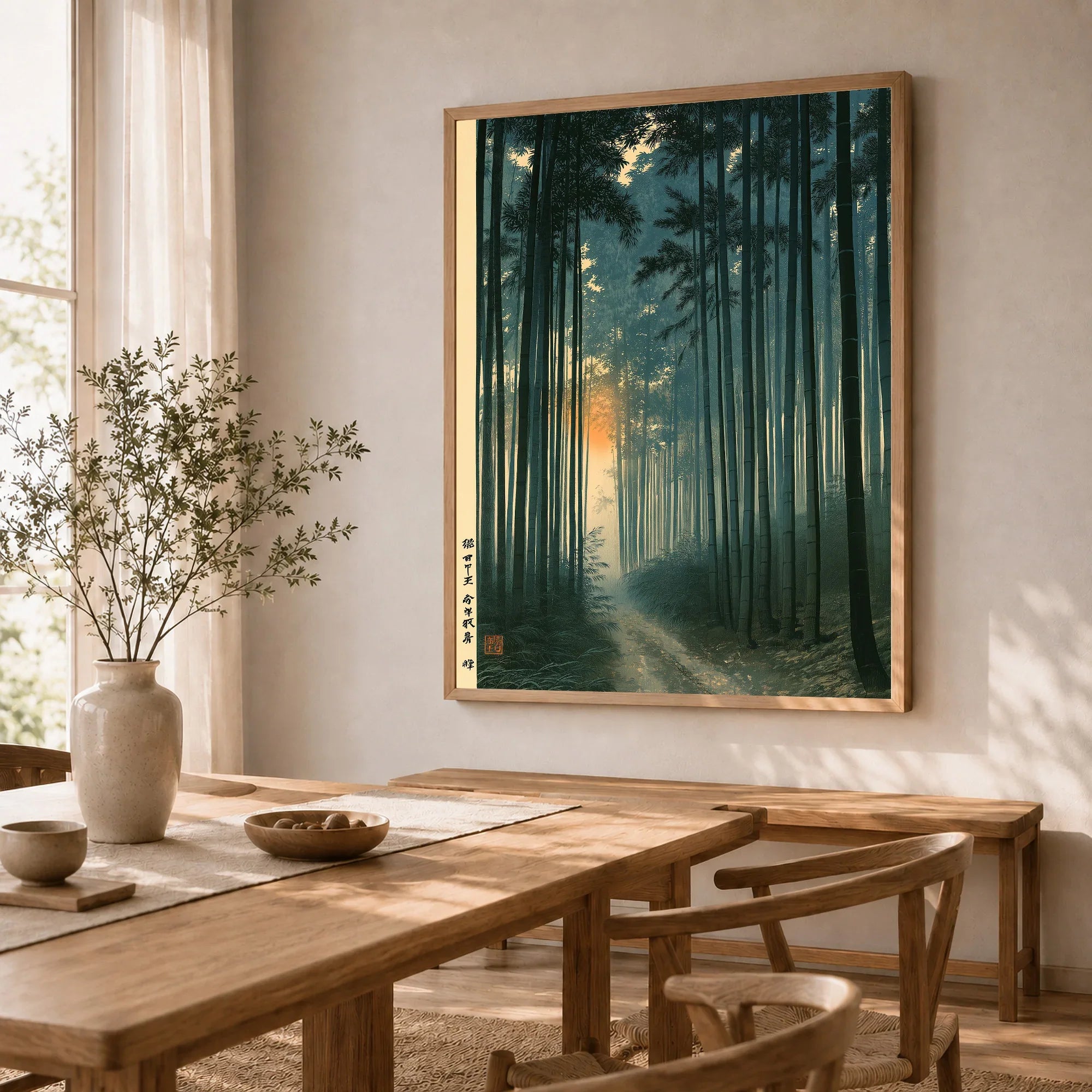 Japanese Forest Art Print – Bamboo Woodland Wall Art — dining room framed print natural wood frame