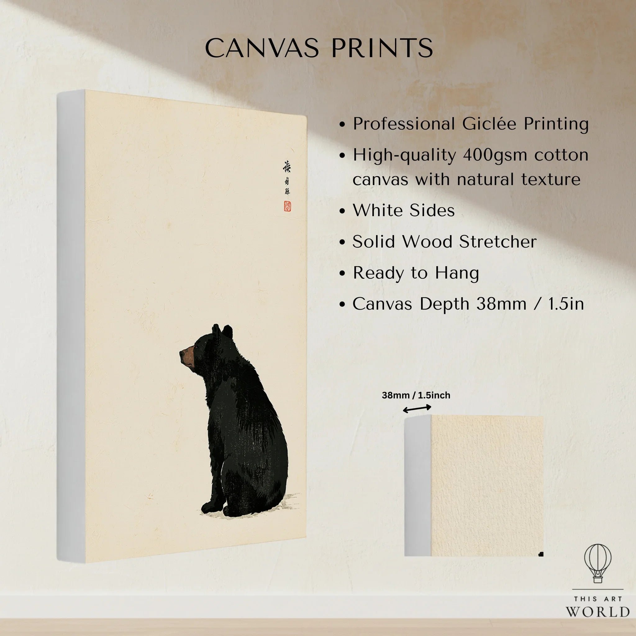 Japanese Black Bear Art Print – Vintage Wildlife Wall Art — canvas print stretched cotton canvas details