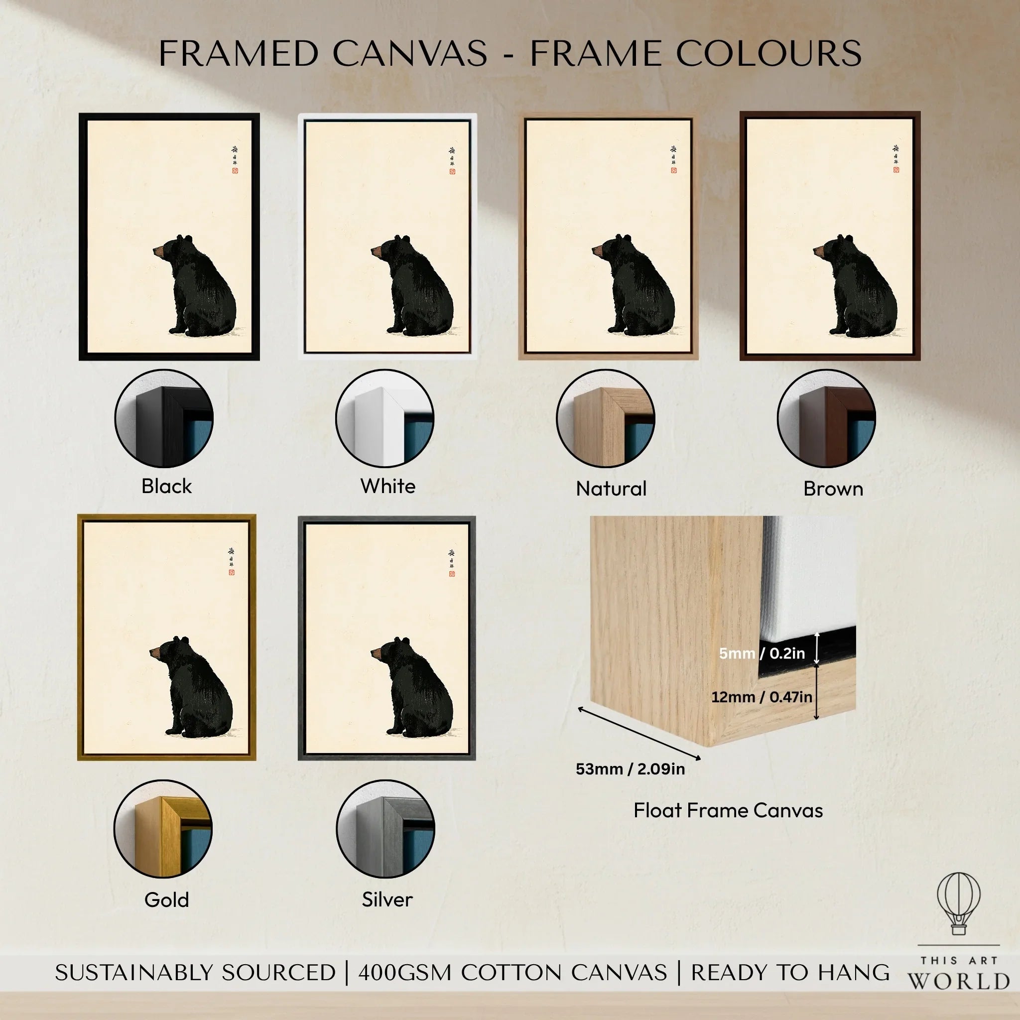 Japanese Black Bear Art Print – Vintage Wildlife Wall Art — framed canvas float frame colour options