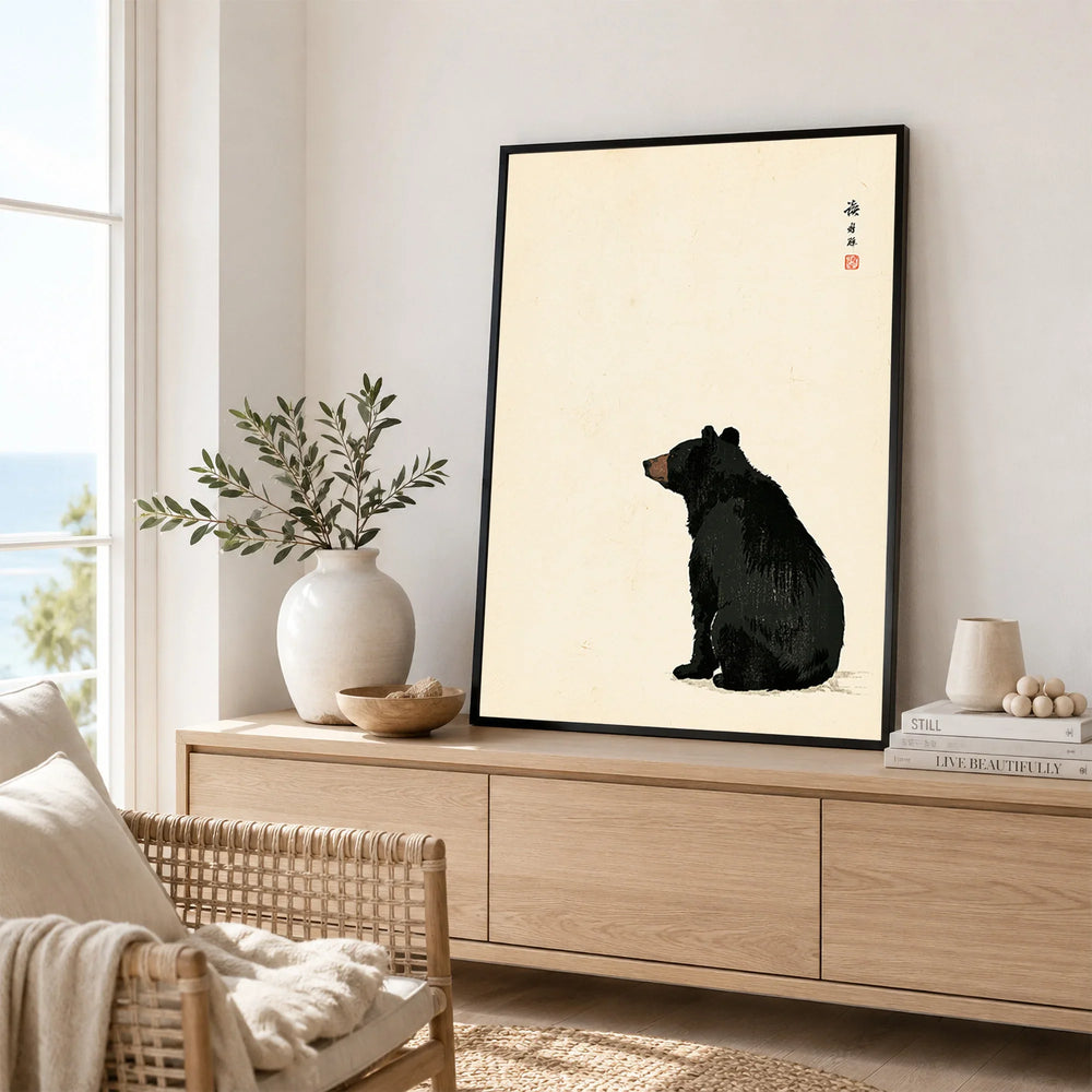 Japanese Black Bear Art Print – Vintage Wildlife Wall Art — framed artwork living room lifestyle setting