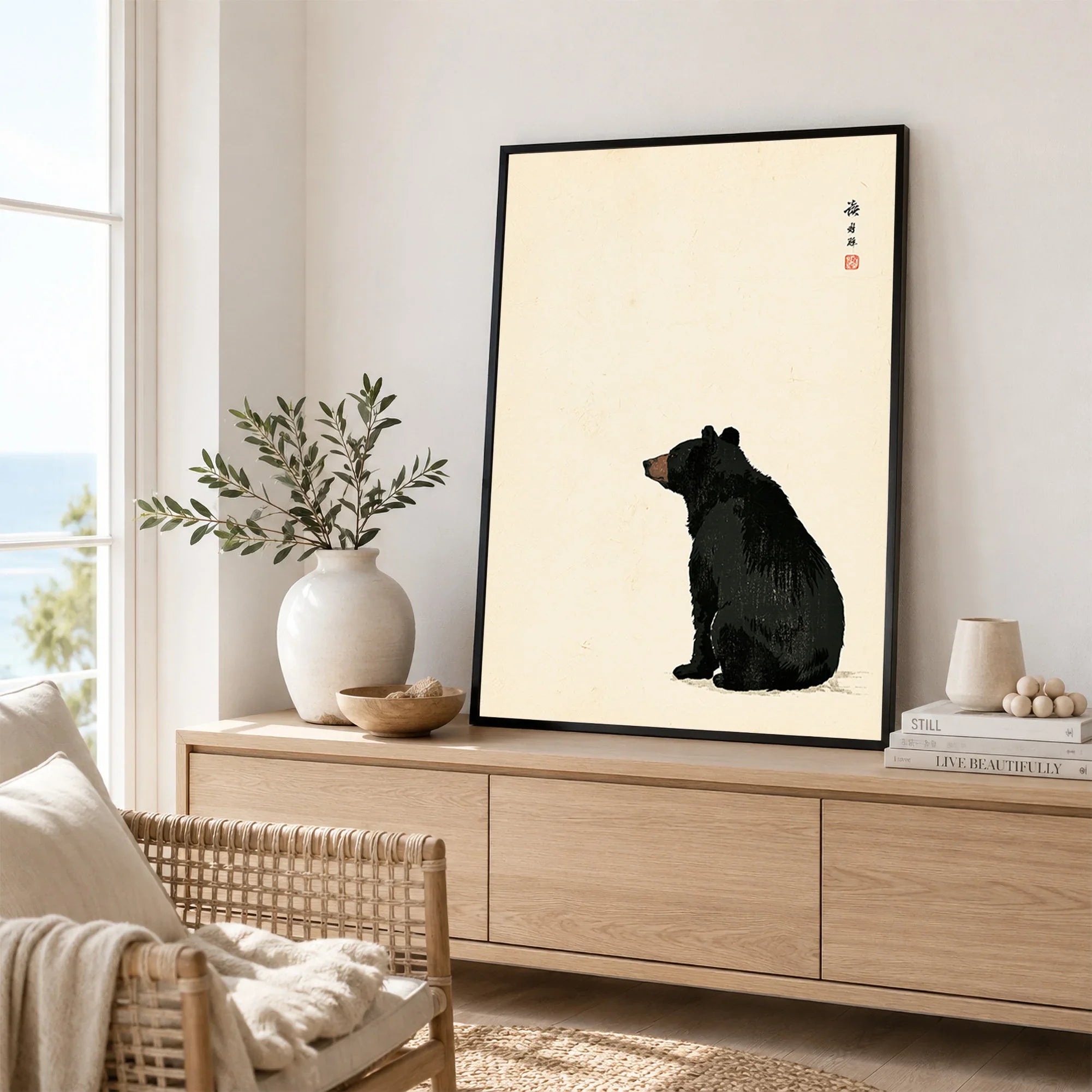 Japanese Black Bear Art Print – Vintage Wildlife Wall Art — framed artwork living room lifestyle setting