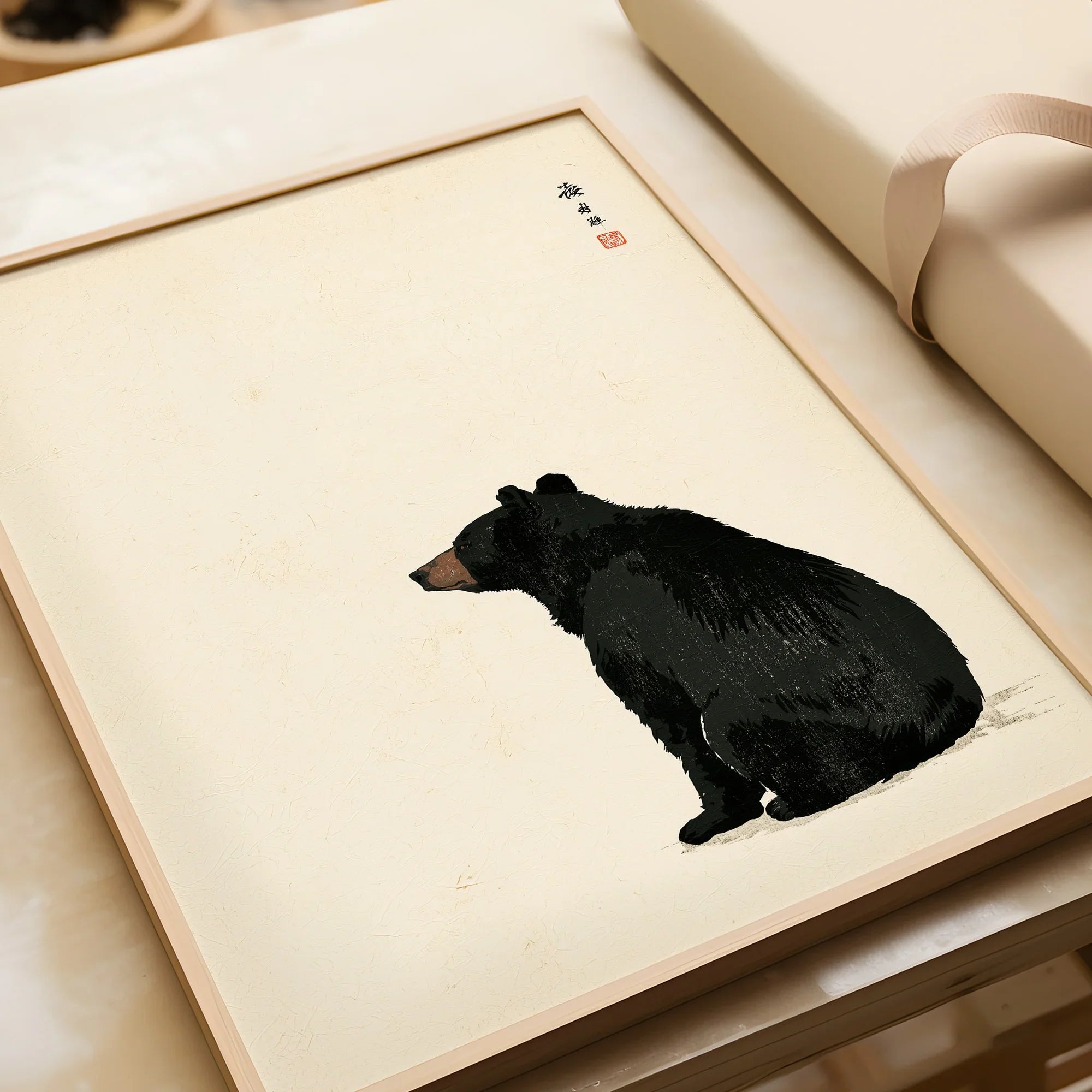 Japanese Black Bear Art Print – Vintage Wildlife Wall Art — framed art print closeup gift unwrapped natural frame