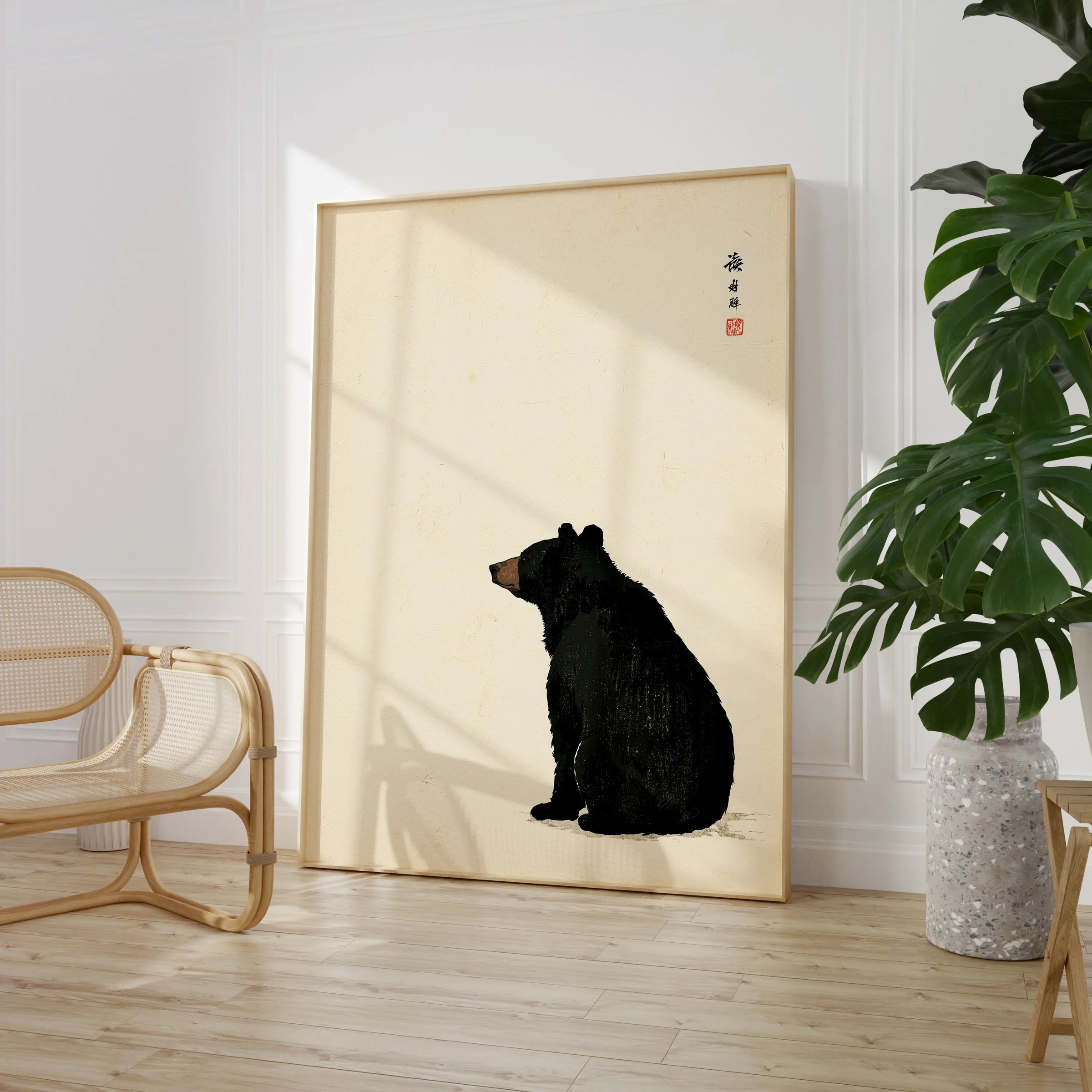 Japanese Black Bear Art Print – Vintage Wildlife Wall Art — large framed print room setting chair plant