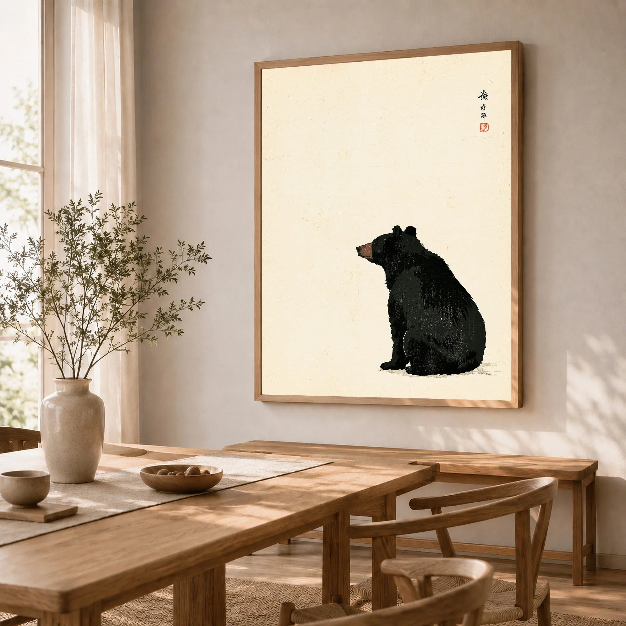 Japanese Black Bear Art Print – Vintage Wildlife Wall Art — dining room framed print natural wood frame