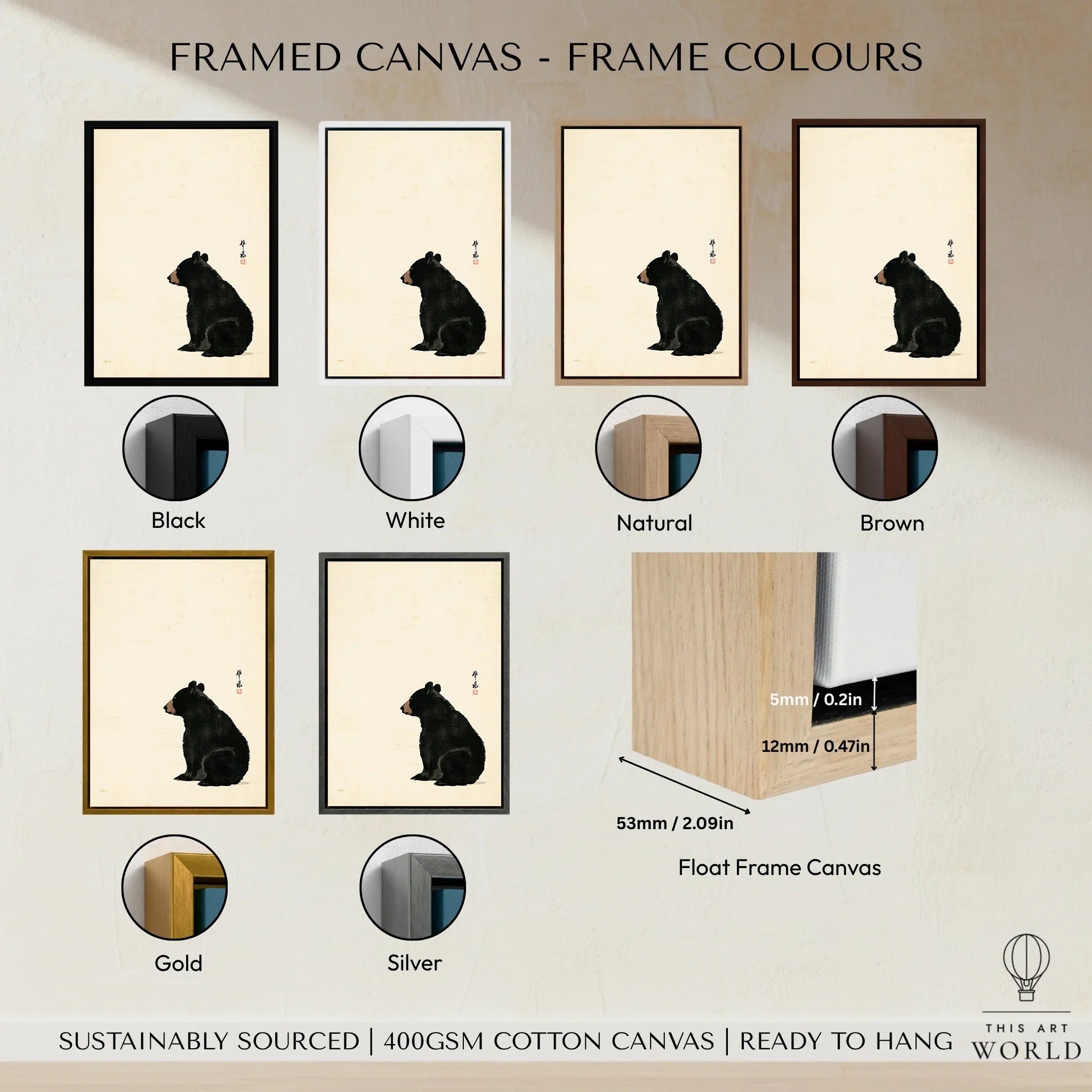 Japanese Bear Art Print – Vintage Japanese Animal Wall Art — framed canvas float frame colour options