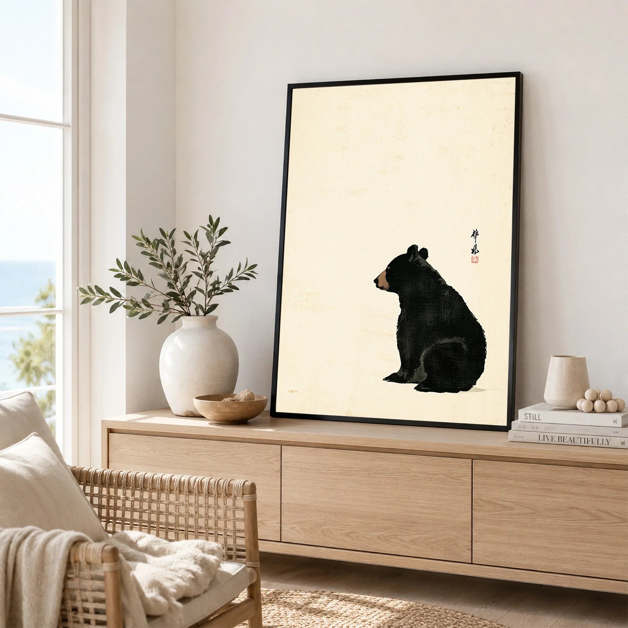 Japanese Bear Art Print – Vintage Japanese Animal Wall Art — framed artwork living room lifestyle setting