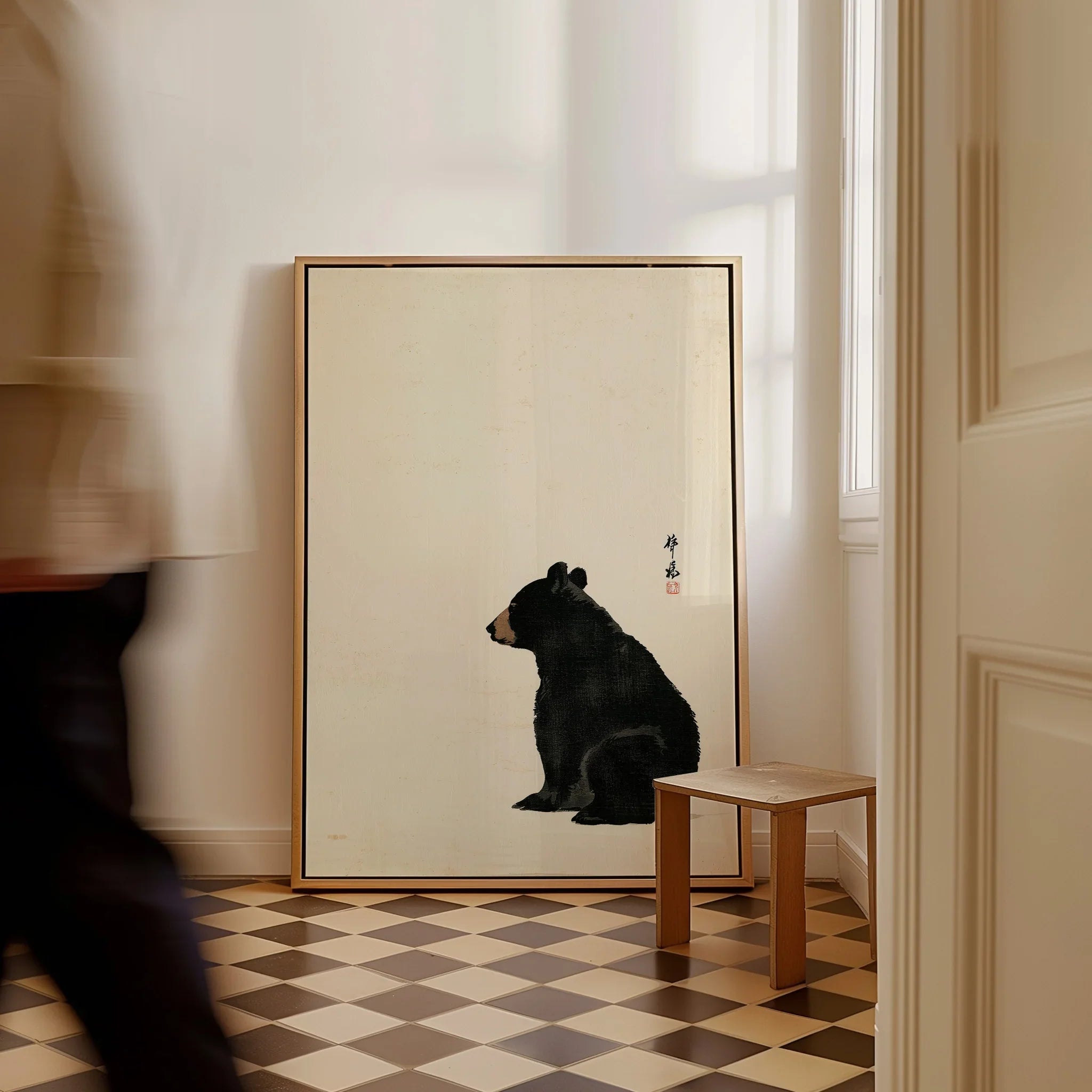 Japanese Bear Art Print – Vintage Japanese Animal Wall Art — framed canvas on floor man walking past