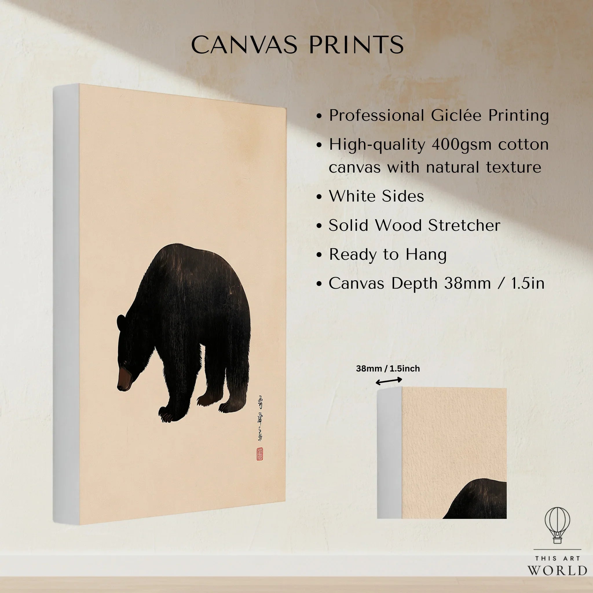 Japanese Wildlife Art Print – Black Bear Vintage Wall Art — canvas print stretched cotton canvas details