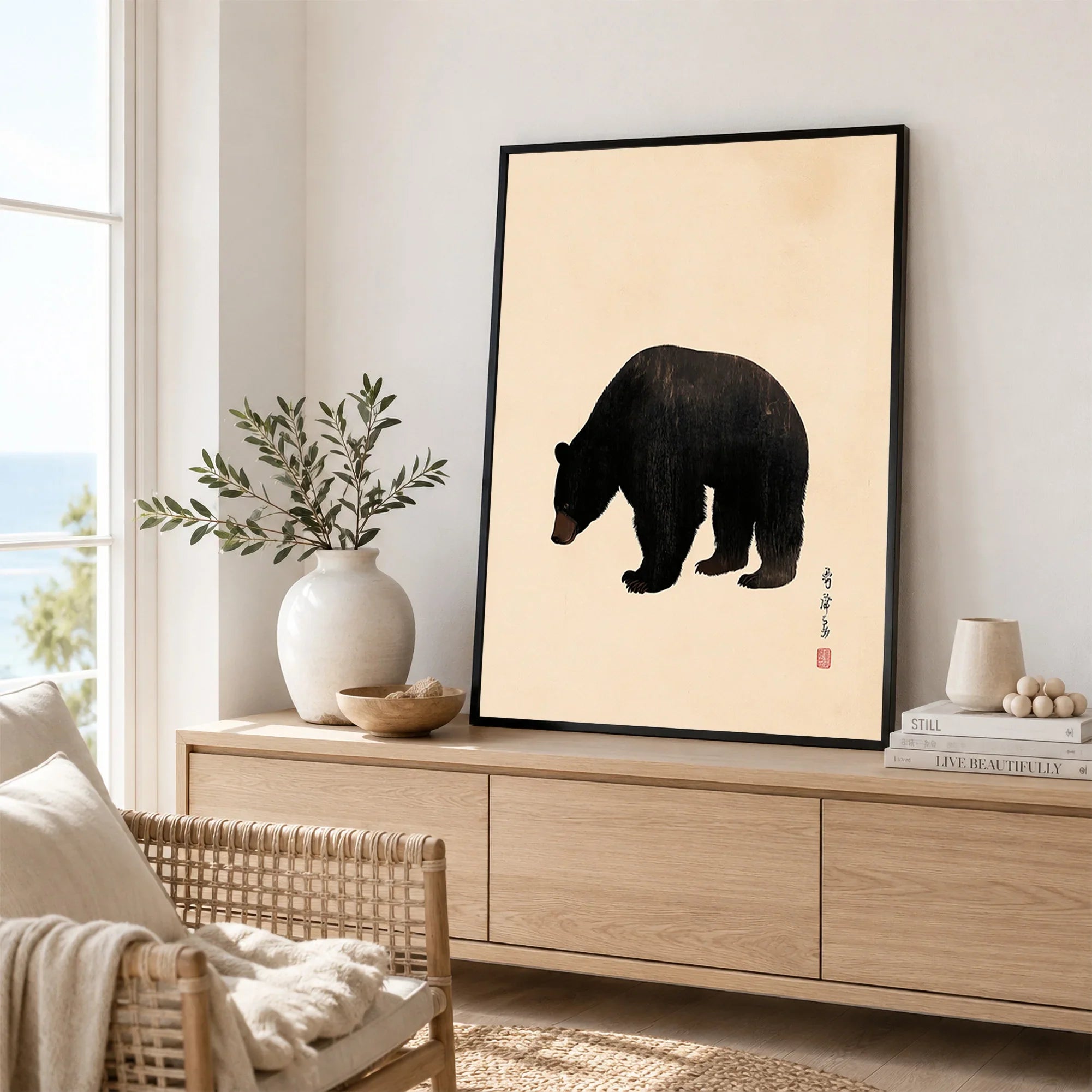 Japanese Wildlife Art Print – Black Bear Vintage Wall Art — framed artwork living room lifestyle setting
