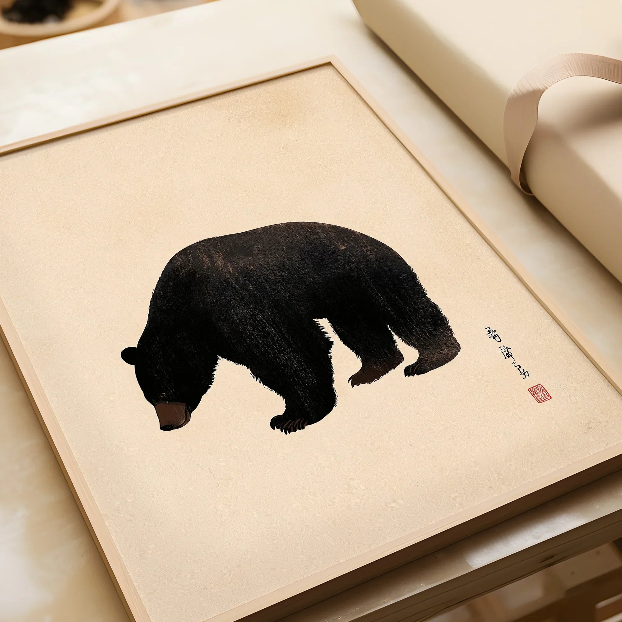 Japanese Wildlife Art Print – Black Bear Vintage Wall Art — framed art print closeup gift unwrapped natural frame