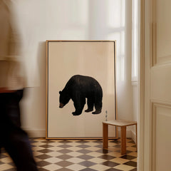 Japanese Wildlife Art Print – Black Bear Vintage Wall Art — framed canvas on floor man walking past
