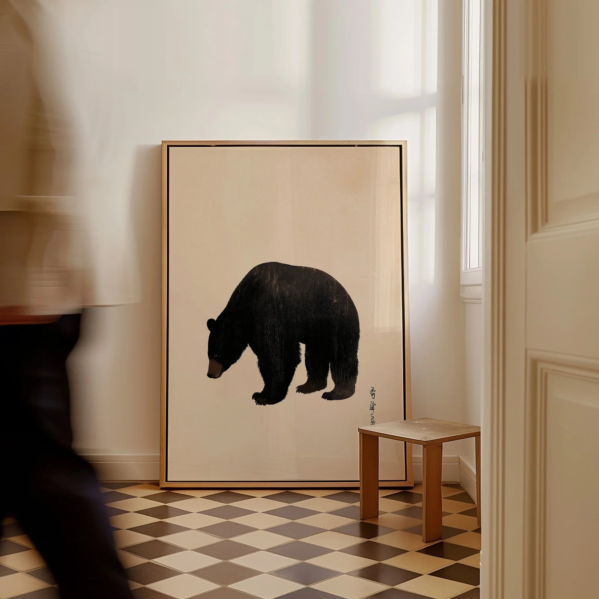 Japanese Wildlife Art Print – Black Bear Vintage Wall Art — framed canvas on floor man walking past