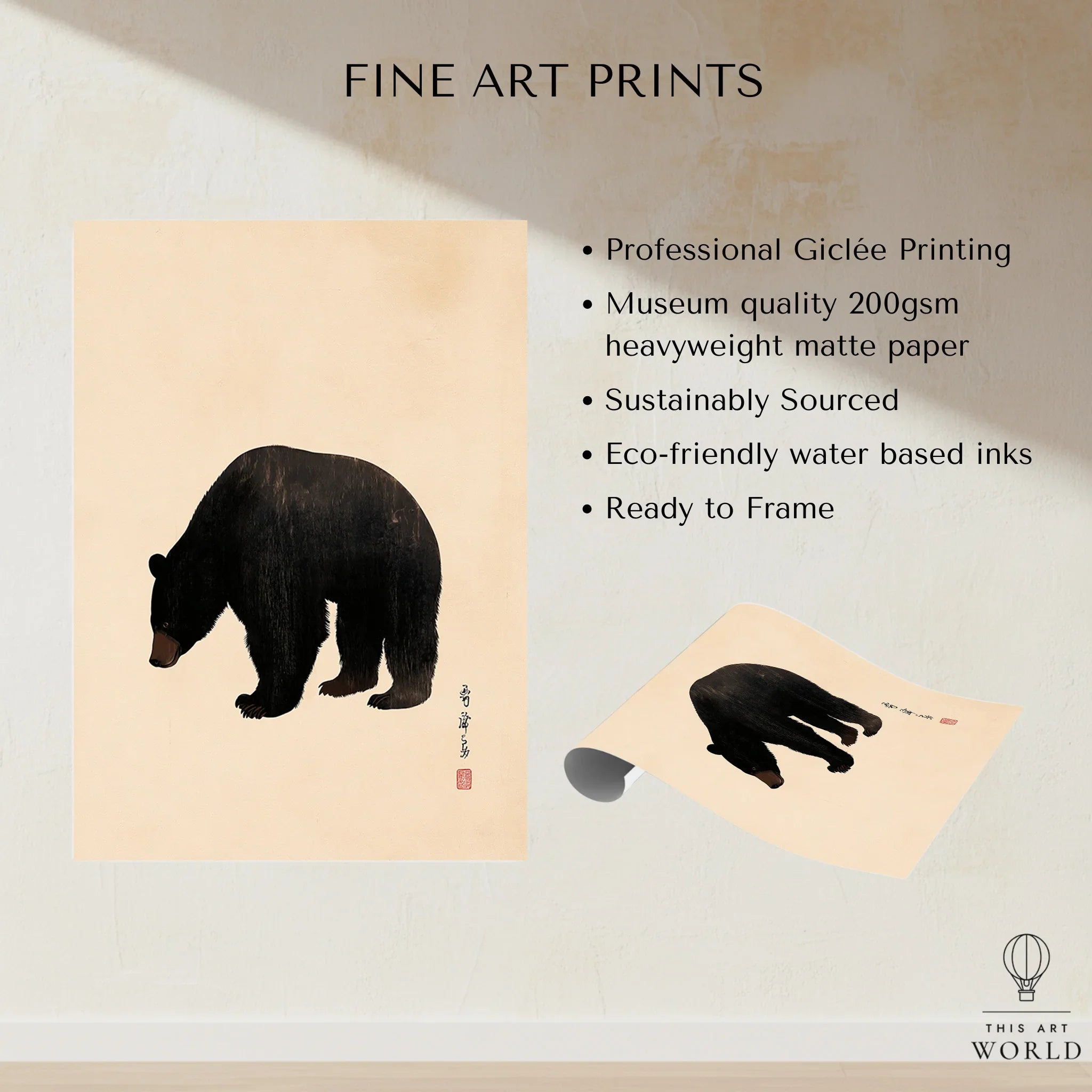 Japanese Wildlife Art Print – Black Bear Vintage Wall Art — fine art print unframed quality details