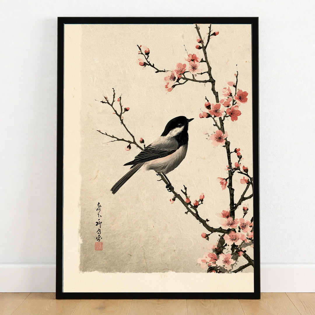 Japanese Bird & Cherry Blossom Art Print – Vintage Wall Art — art print in black frame on wooden floor