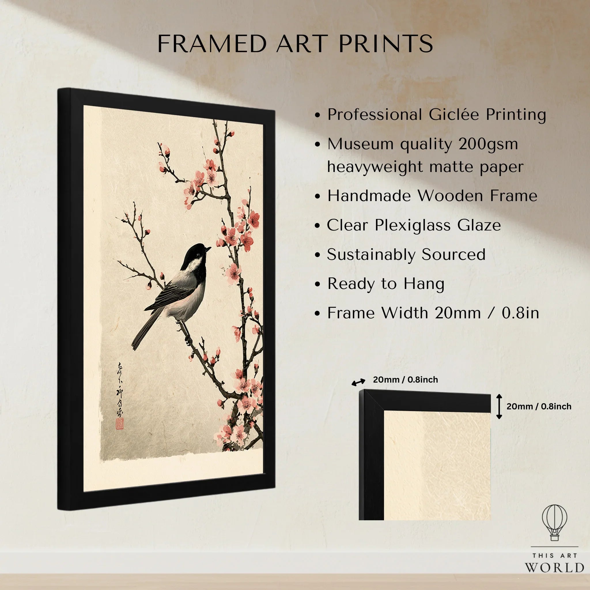 Japanese Bird & Cherry Blossom Art Print – Vintage Wall Art — framed print details measurements quality details