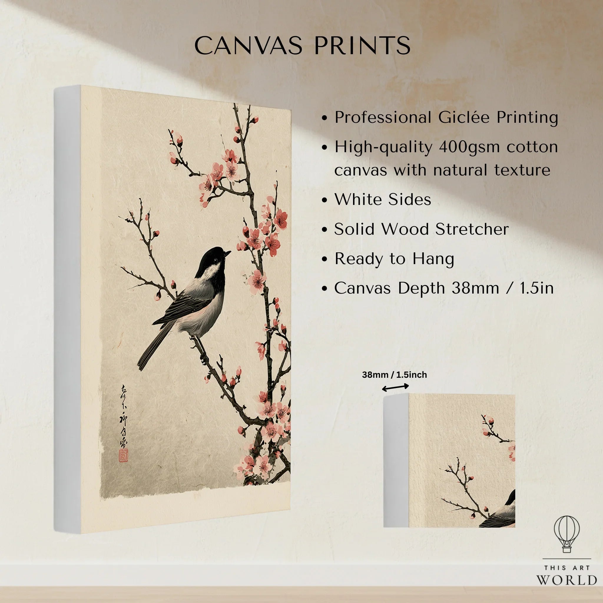 Japanese Bird & Cherry Blossom Art Print – Vintage Wall Art — canvas print stretched cotton canvas details