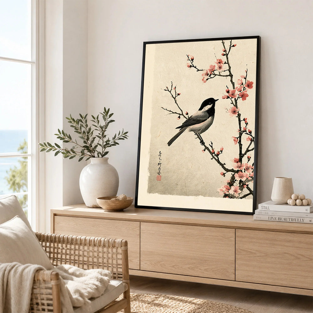 Japanese Bird & Cherry Blossom Art Print – Vintage Wall Art — framed artwork living room lifestyle setting