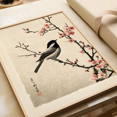Japanese Bird & Cherry Blossom Art Print – Vintage Wall Art — framed art print closeup gift unwrapped natural frame