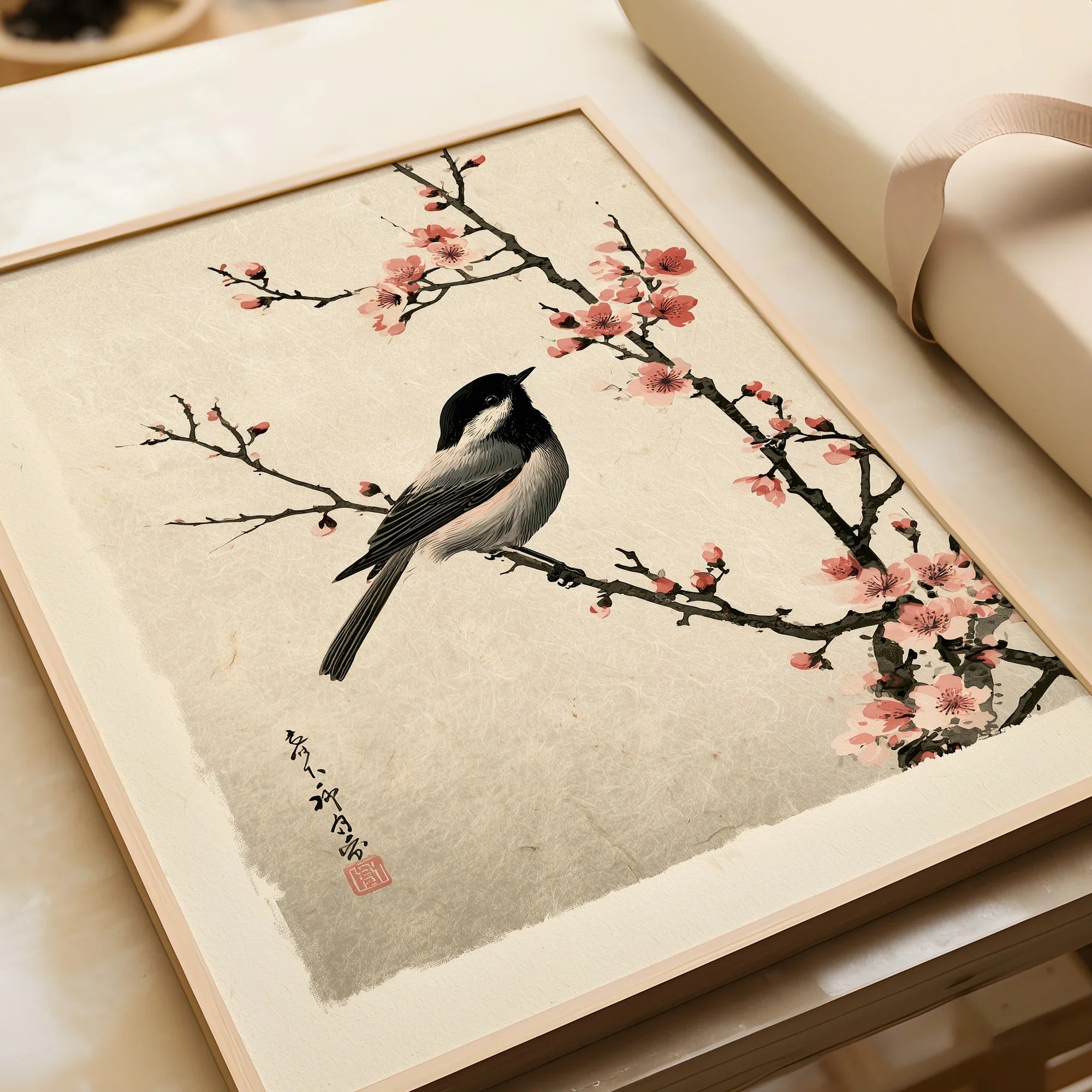 Japanese Bird & Cherry Blossom Art Print – Vintage Wall Art — framed art print closeup gift unwrapped natural frame