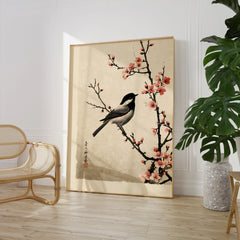 Japanese Bird & Cherry Blossom Art Print – Vintage Wall Art — large framed print room setting chair plant