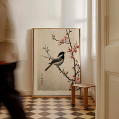 Japanese Bird & Cherry Blossom Art Print – Vintage Wall Art — framed canvas on floor man walking past