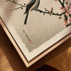 Japanese Bird & Cherry Blossom Art Print – Vintage Wall Art — closeup framed canvas natural wood floating frame