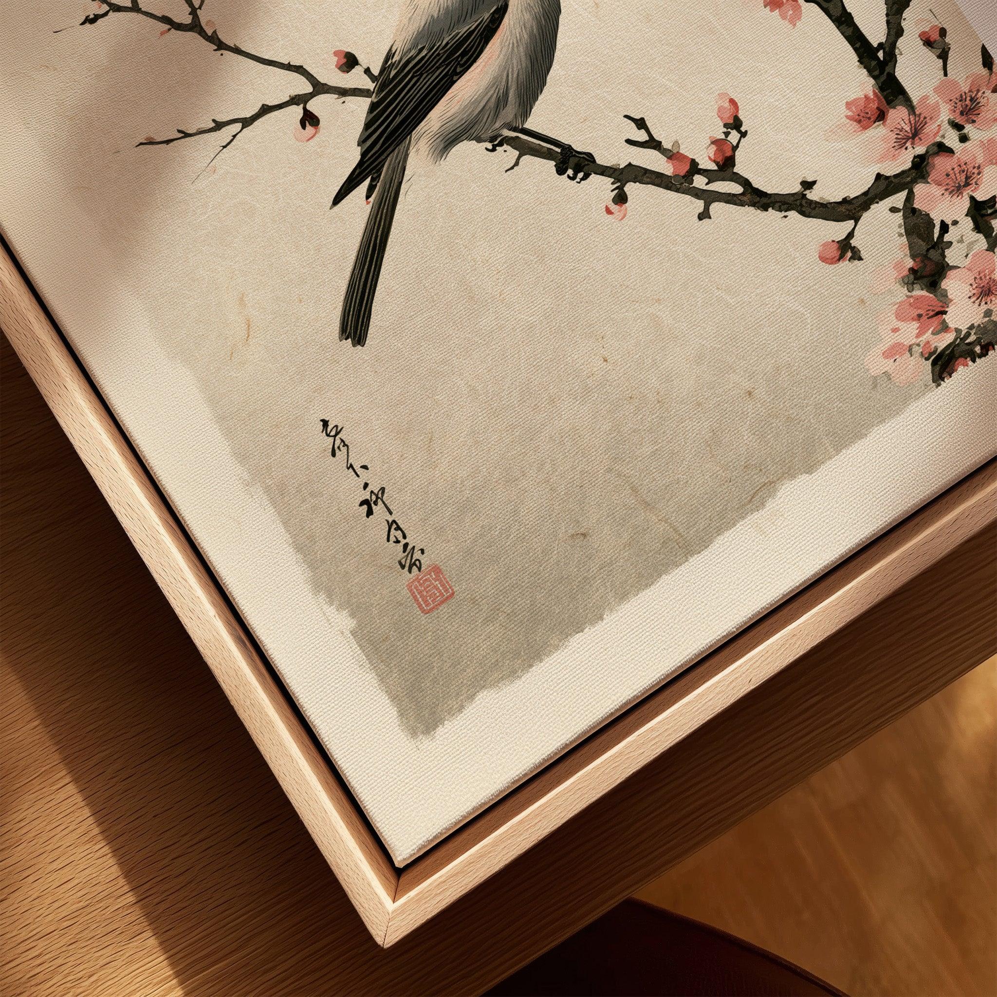 Japanese Bird & Cherry Blossom Art Print – Vintage Wall Art — closeup framed canvas natural wood floating frame