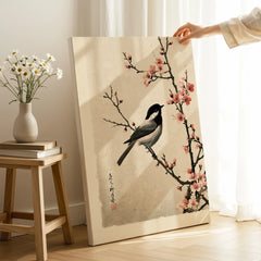 Japanese Bird & Cherry Blossom Art Print – Vintage Wall Art — canvas print mirror edge hand holding room setting