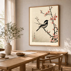Japanese Bird & Cherry Blossom Art Print – Vintage Wall Art — dining room framed print natural wood frame