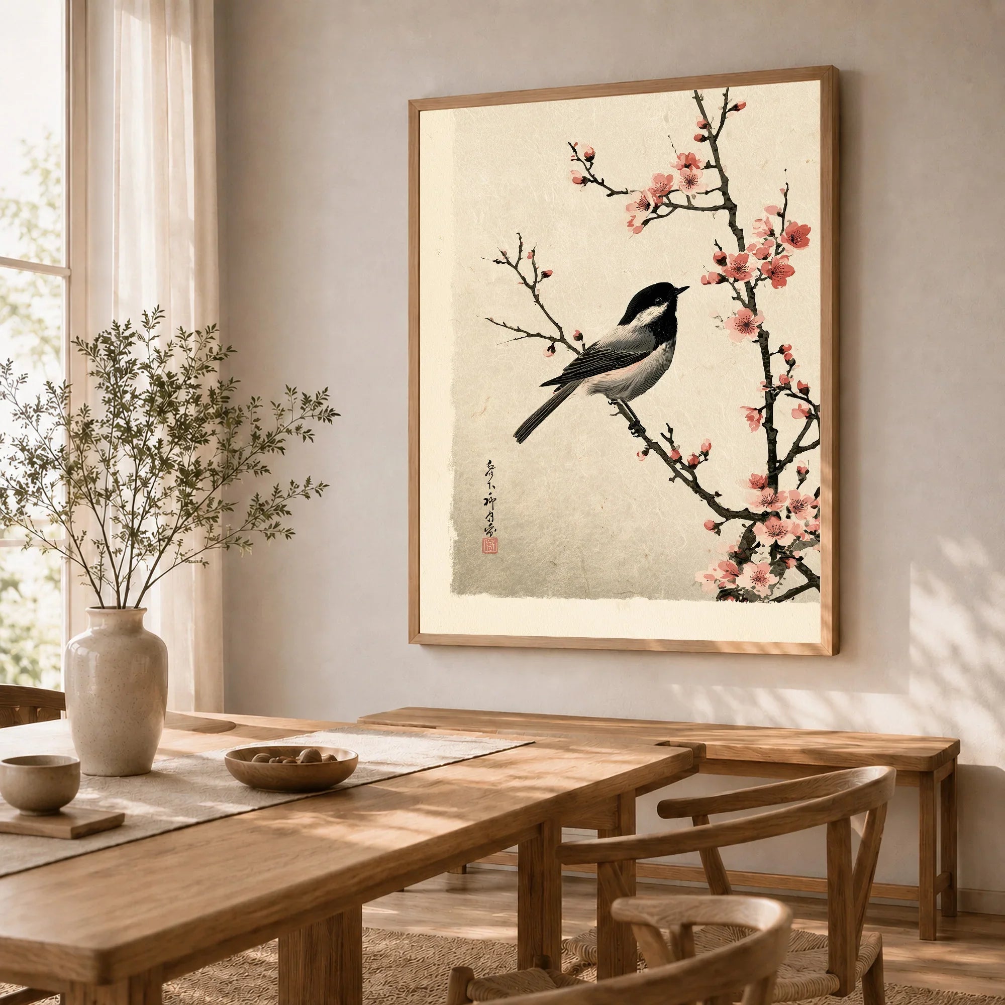 Japanese Bird & Cherry Blossom Art Print – Vintage Wall Art — dining room framed print natural wood frame