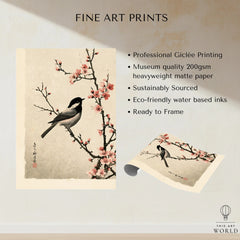 Japanese Bird & Cherry Blossom Art Print – Vintage Wall Art — fine art print unframed quality details