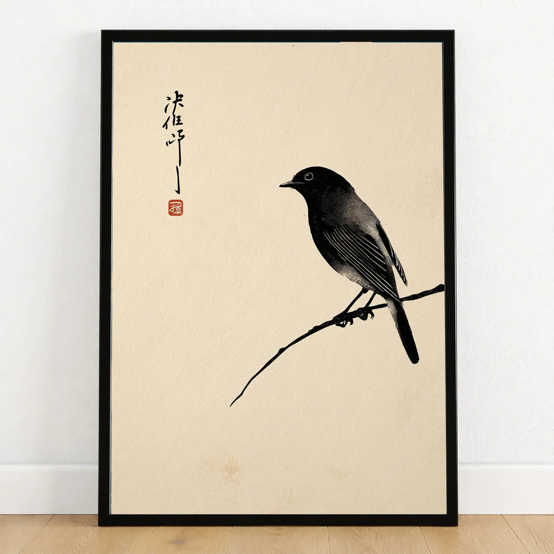 Japanese Bird Art Print – Vintage Minimalist Wall Art — art print in black frame on wooden floor