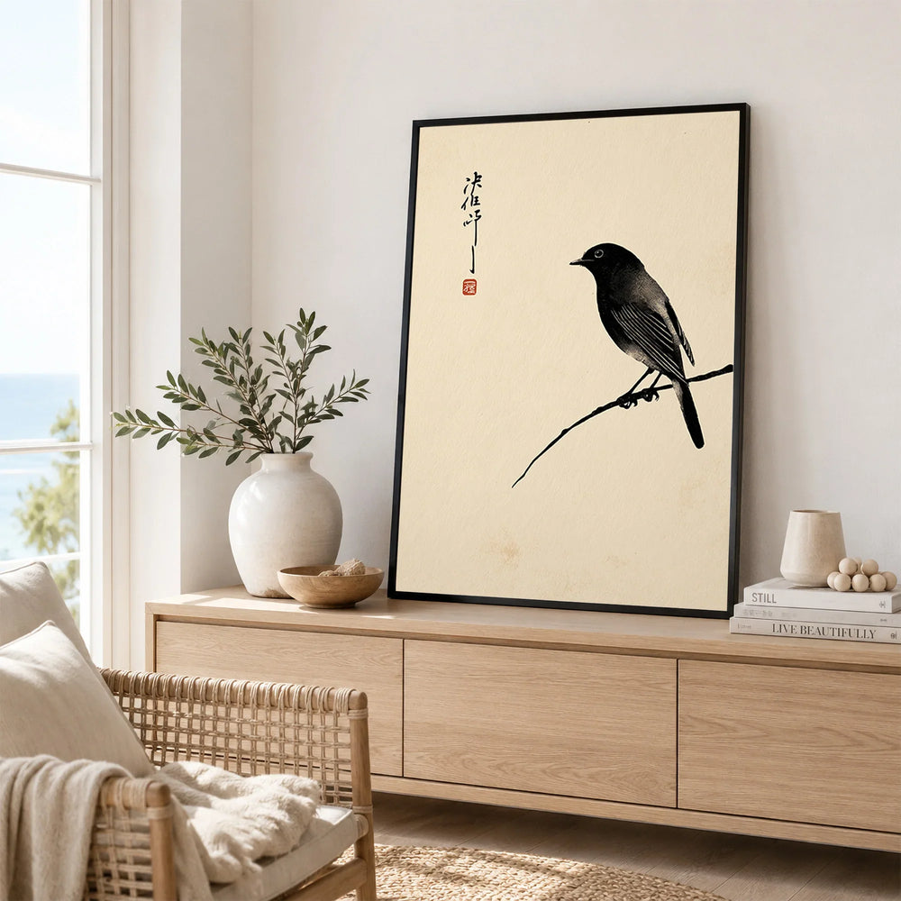 Japanese Bird Art Print – Vintage Minimalist Wall Art — framed artwork living room lifestyle setting