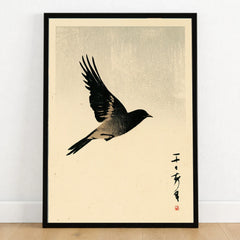 Vintage Japanese Bird Art Print – Ukiyo-e Inspired Wall Art — art print in black frame on wooden floor
